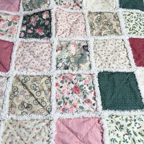 Rag quilt throw lovely florals stripes and romantic prints in pink green creams