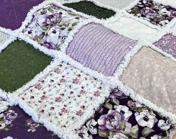 Spring/summer Romantic Floral Throw Size Rag Quilt in Purple Green ...