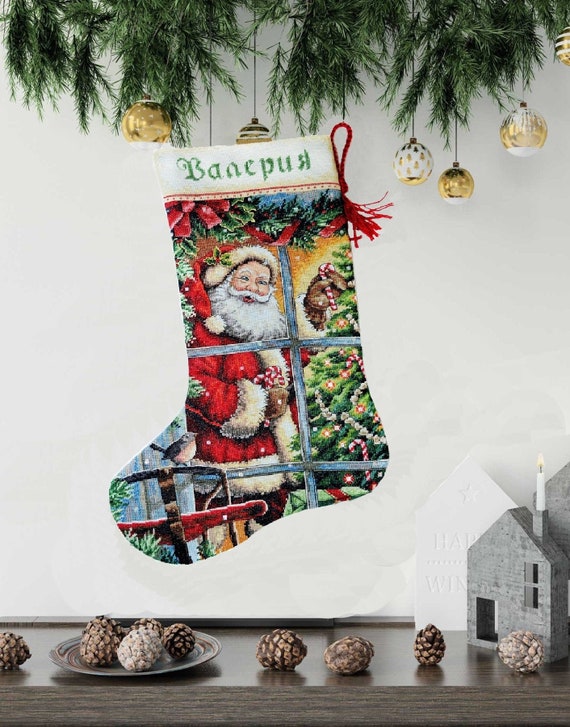 Embroidered Christmas Stocking Candy Cane Santa Etsy