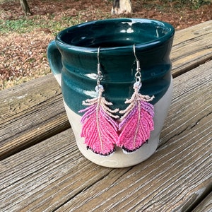 Embroidered Feather Earrings Pink and Lavender