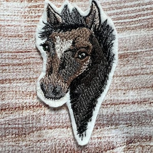 May include: Embroidered patch of a brown and black horse head with a white star on its forehead. The horse has a black mane and tail.