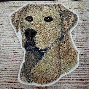 Könnte beinhalten: Gestickter Aufnäher mit dem Kopf eines braunen und weißen Hundes. Der Hund hat eine schwarze Nase und braune Augen.