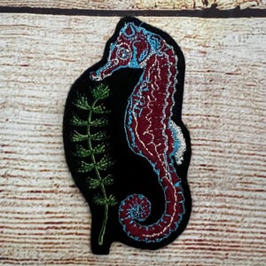 Könnte beinhalten: Gestickter Bügel-Patch mit einem roten und blauen Seepferdchen mit einem grünen Seetang-Design auf schwarzem Hintergrund.