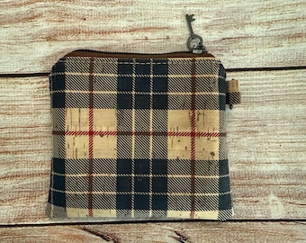 Cork Wallet, Plaid Credit Card Case, vegan change purse, coin purse, cork card pouch