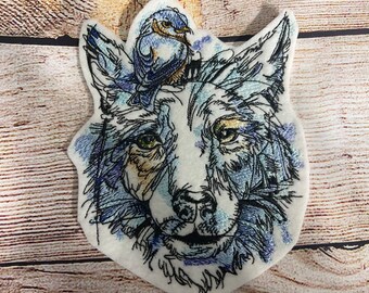 Wolf with Sparrow Sketch Patch, Wildlife Patch, Large patch, Embroidered Patch Embellishment, clothes accessory, sew on patch, iron on patch