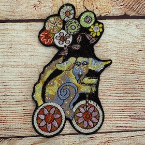 Cartoon Dog on Bicycle with Balloons Pet Patch, Embroidered Badge Embellishment, clothes accessory, sew on patch, iron on patch