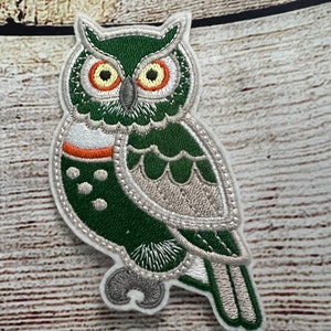 Könnte beinhalten: Grüne und silberne gestickte Eulen-Applikation mit orangefarbenen Augen. Die Eule sitzt auf einem Ast mit ausgebreiteten Flügeln.