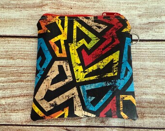 Cork Wallet, Geometric Grunge Credit Card Case, vegan change purse, coin purse, cork card pouch, red, black, blue and yellow