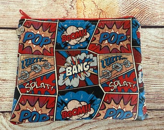 Cork Wallet, Red and blue Comic Book Pop Art Credit Card Case, vegan change purse, coin purse, cork card pouch