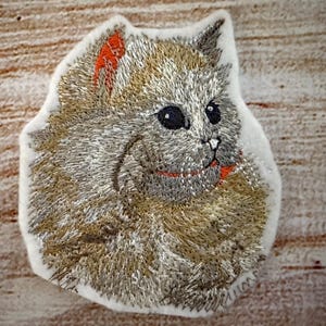 May include: Embroidered iron-on patch of a fluffy gray and brown cat with orange ears. The cat is looking to the right and has a slight smile.