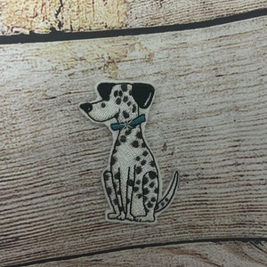 May include: A white and black dalmatian dog with blue collar sitting on a wood background.