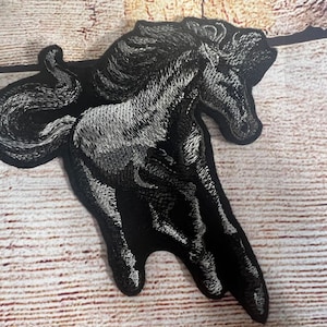 Horse Patch, Wild Horse Badge, Black White GreyJacket and hat embellishment, Collectible Embroidered decoration, iron-on patch, sew on patch