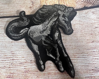 Horse Patch, Wild Horse Badge, Black White GreyJacket and hat embellishment, Collectible Embroidered decoration, iron-on patch, sew on patch