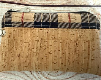 Cork Wallet, Plaid Credit Card Case, vegan change purse, coin purse, cork card pouch