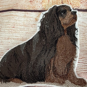 Op de afbeelding: Geborduurde patch van een Cavalier King Charles Spaniel hond in bruin en zwart, met een witte rand. De hond wordt afgebeeld in een zittende positie, omhoog kijkend. De achtergrond is een lichtbruin houten oppervlak.
