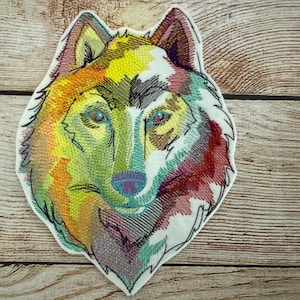 Pastel Wolf Animal Patch, Wildlife Badge, Large patch, Embroidered Patch Embellishment, clothes accessory, sew on patch, iron on patch