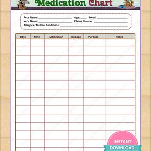 Pet Medication Chart Printable - Cat & Dog Medicine Tracker - Pet Health Log - Instant Download PDF