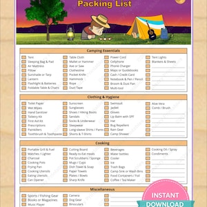 Camping Packing List Printable - Tent & RV Trip Essentials Checklist - Instant Download PDF