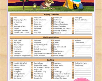 Camping Packing List Printable, Camping Essentials Checklist, Tent & RV Trip Packing Sheet - Instant Download PDF