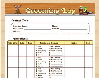 Registro de peluquería canina imprimible, horario del peluquero de mascotas - Descarga instantánea en PDF