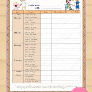 Calendário de vacinação infantil imprimível, registro de imunização, rastreador de saúde pediátrica - Download instantâneo em PDF