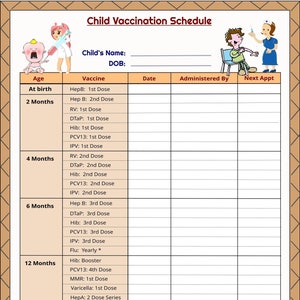 Printable Child Vaccination Schedule, Immunization Record, Vaccination Chart - Instant Download PDF