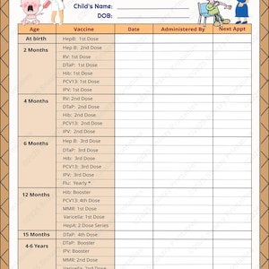 May include: A Child Vaccination Schedule chart with a brown border, featuring illustrations of a nurse and children. The document includes fields for Child's Name and DOB, followed by a table listing vaccines by age from birth to 4-6 years.