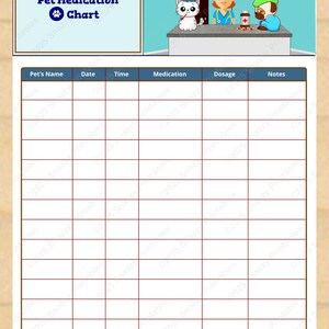 May include: A printable Pet Medication Chart featuring a header with the text Pet Medication Chart and a paw print icon. The illustration shows a veterinarian, a cat, and a dog at a desk with medicine. Below is a grid with columns for Pet's Name, Date, Time, Medication, Dosage, and Notes.