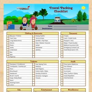 Printable Travel Packing Checklist - Vacation Packing List, Trip Planner - Instant Download PDF