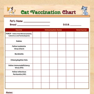 Printable Cat Vaccination Chart, Pet Medical Record, Cat Vaccinations - Instant Download, PDF