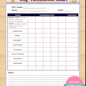 Printable Dog Vaccination Chart, Puppy Immunization Record for Pet Health Tracking – Instant Download PDF