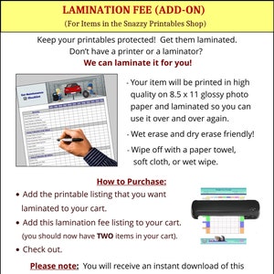 Lamination Fee, Laminated Shipment Fee, Dry Erase Printable - Add-On for Digital Downloads