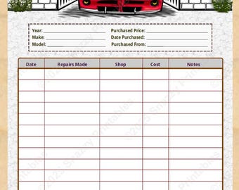 Printable Car Repair Log | Vehicle Service Tracker | Auto Maintenance Record