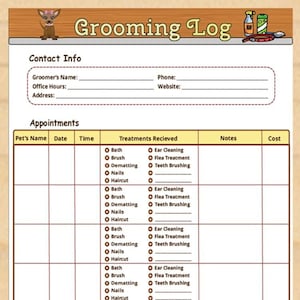 Printable Dog Grooming Log, Pet Groomer&#39;s Schedule - Instant Download PDF