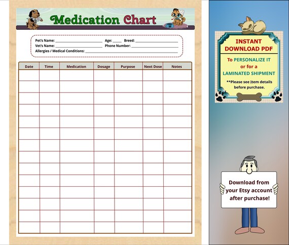 Printable Pet Medication Chart Pet Medication Log Cat Medication Schedule Dog Medication Schedule Instant Download PDF