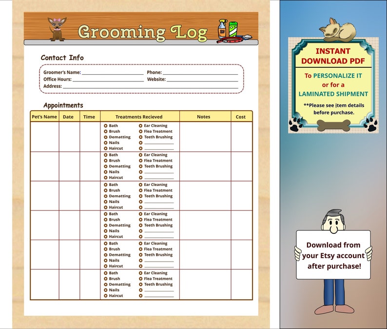 Printable Dog Grooming Log, Pet Groomer's Schedule Instant Download PDF ...