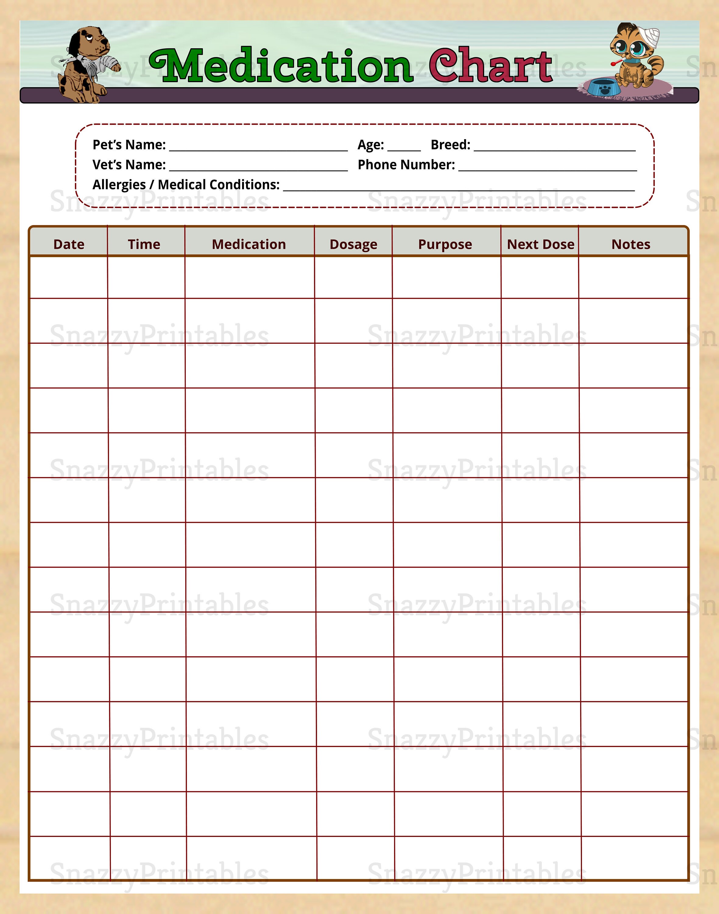 Printable Pet Medication Chart Pet Medication Log Cat Etsy India