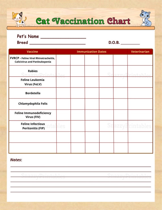 Printable Cat Vaccine Health Record Pet Care Record Book Instant PDF 