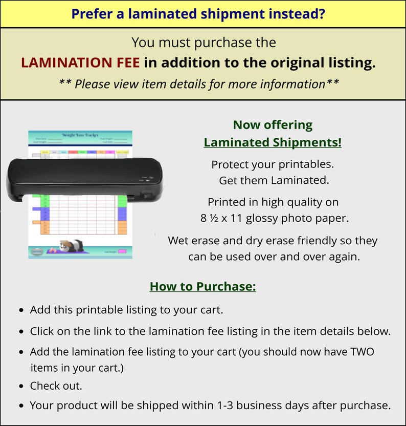 Pu&ograve; includere: Una laminatrice nera con un foglio stampabile bianco e verde al suo interno. Il testo recita "Preferisci una spedizione laminata? Devi acquistare la TARIFFA DI LAMINAZIONE oltre all'elenco originale. **Si prega di consultare i dettagli dell'articolo per ulteriori informazioni** Ora offriamo Spedizioni laminate! Proteggi i tuoi stampabili. Fali laminare. Stampato su carta fotografica lucida di alta qualit&agrave; 8 1/2 x 11. Cancellabile a umido e a secco, per un uso ripetuto. Come acquistare: &bull; Aggiungi questo elenco stampabile al tuo carrello. &bull; Clicca sul link all'elenco delle tariffe di laminazione nei dettagli dell'articolo qui sotto. &bull; Aggiungi l'elenco delle tariffe di laminazione al tuo carrello (dovresti ora avere DUE articoli nel tuo carrello). &bull; Effettua il checkout. &bull; Il tuo prodotto verr&agrave; spedito entro 1-3 giorni lavorativi dopo l'acquisto."