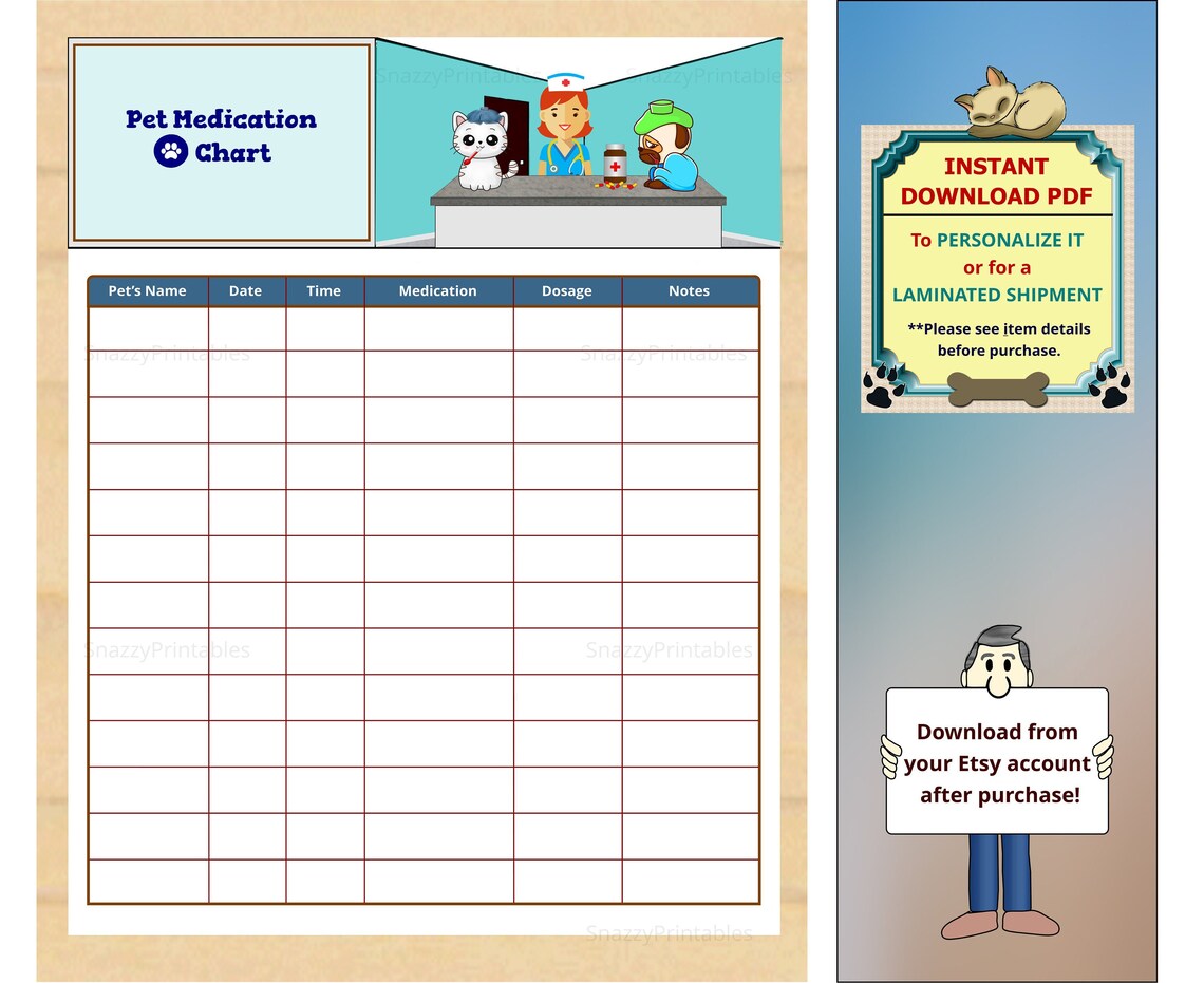 Pet Medication Chart Printable, Dog Medication Log, Cat Medication Log