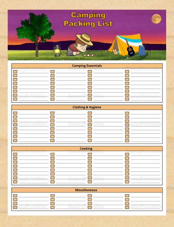 Printable Camping Packing Checklist, Camping Trip List - Instant Download  PDF
