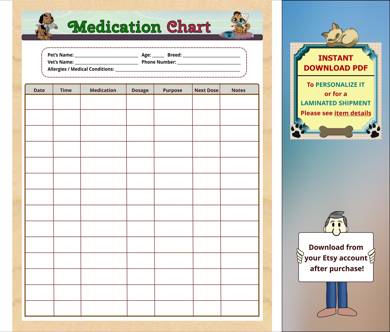 Printable Pet Medication Chart Pet Medication Log Cat Etsy