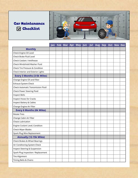 Car Maintenance Checklist Printable, Vehicle Maintenance Schedule - Instant Download PDF