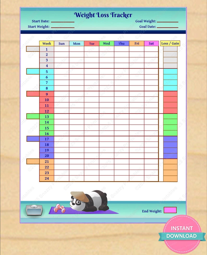 Printable Weight Loss Tracker, Weekly Fitness Progress Chart - Instant ...
