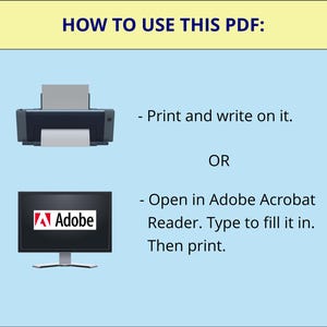 Pu&ograve; includere: Uno schema che mostra due modi per utilizzare un documento PDF. La prima opzione mostra una stampante con un foglio di carta al suo interno. La seconda opzione mostra un monitor di computer con il logo Adobe. Il testo dice "Stampa e scrivi su di esso." e "Apri in Adobe Acrobat Reader. Digita per compilarlo. Quindi stampa."