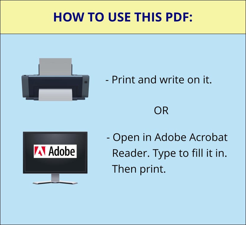 Pu&ograve; includere: Uno schema che mostra due modi per utilizzare un documento PDF. La prima opzione mostra una stampante con un foglio di carta al suo interno. La seconda opzione mostra un monitor di computer con il logo Adobe. Il testo dice "Stampa e scrivi su di esso." e "Apri in Adobe Acrobat Reader. Digita per compilarlo. Quindi stampa."