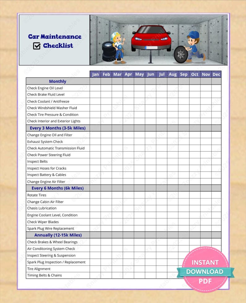 May include: A car maintenance checklist document featuring a header with the text Car Maintenance Checklist and an illustration of two mechanics in a garage with a red car. The grid includes monthly, quarterly, and annual service tasks.