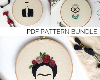 Inspiring Women PDF Embroidery Pattern Bundle Frida Khalo, Iris Apfel, Grace Jones Instant download DIY wall hanging hoop art