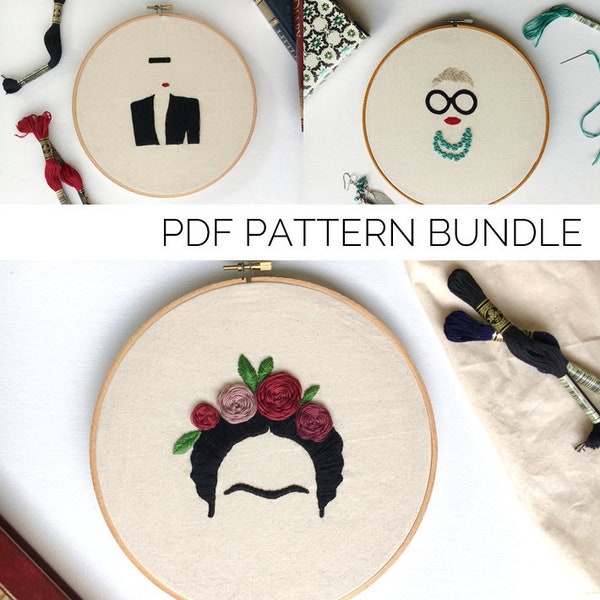 Inspiring Women PDF Embroidery Pattern Bundle Frida Khalo, Iris Apfel, Grace Jones Instant download DIY wall hanging hoop art