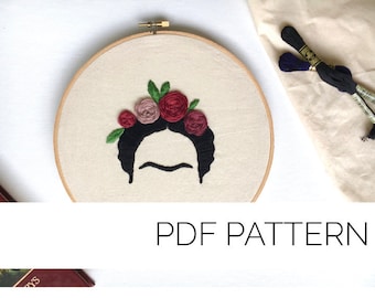 Frida Khalo PDF-borduurpatroon | Direct downloaden | Bloemen | Muurhangende hoepel kunst